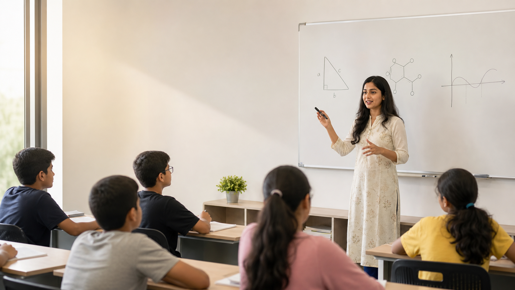 Indian woman teacher guiding students in a modern coaching classroom